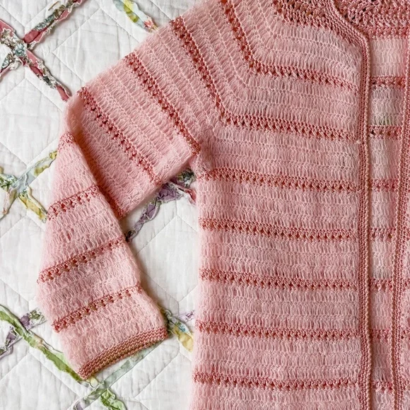 60s Baby Pink Long Sleeve Crochet Cardigan Sweater - Picture 4 of 8